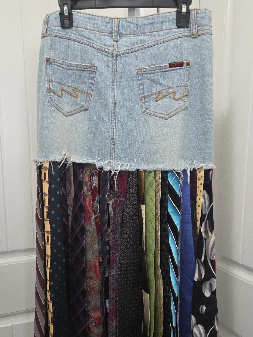 Bohemian Recycled Denim Maxi Tie Skirt with Multi-Patterned Panel - Picture 5 of 6